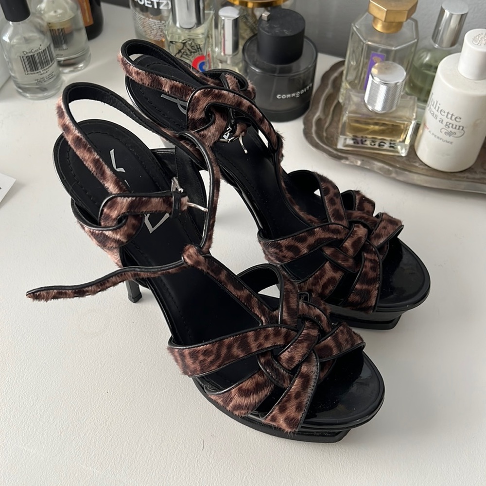 Saint Laurent YSL platform pony hair leopard tribute heels